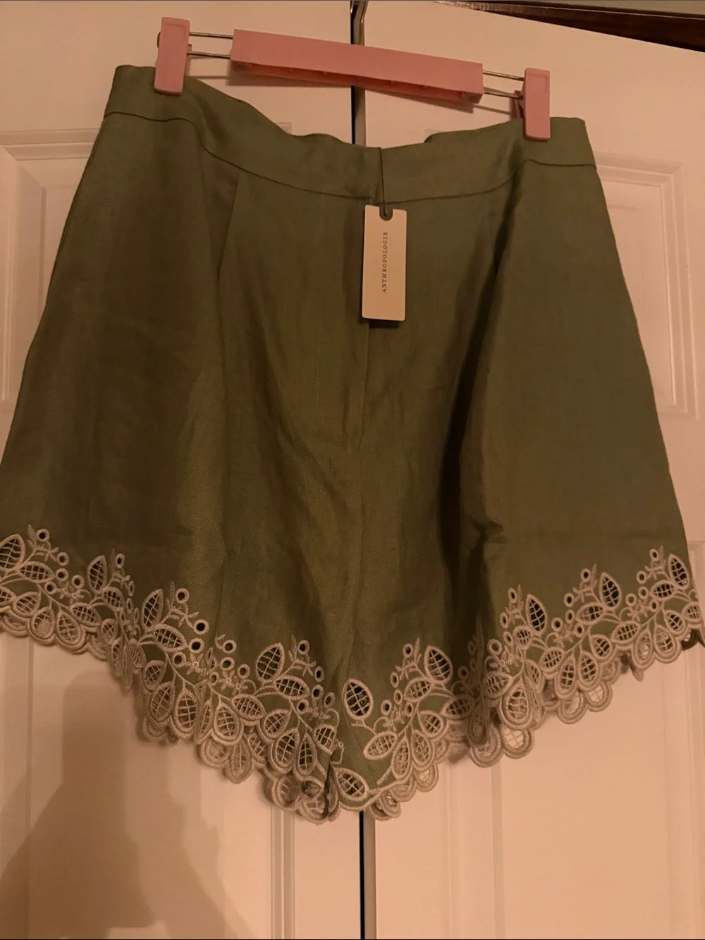Anthropologie Astr The Label Kiya Green Eyelet-Hem Linen Bermuda Shorts